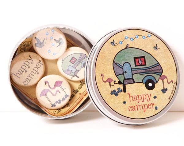 Tin badge set - happy camper
